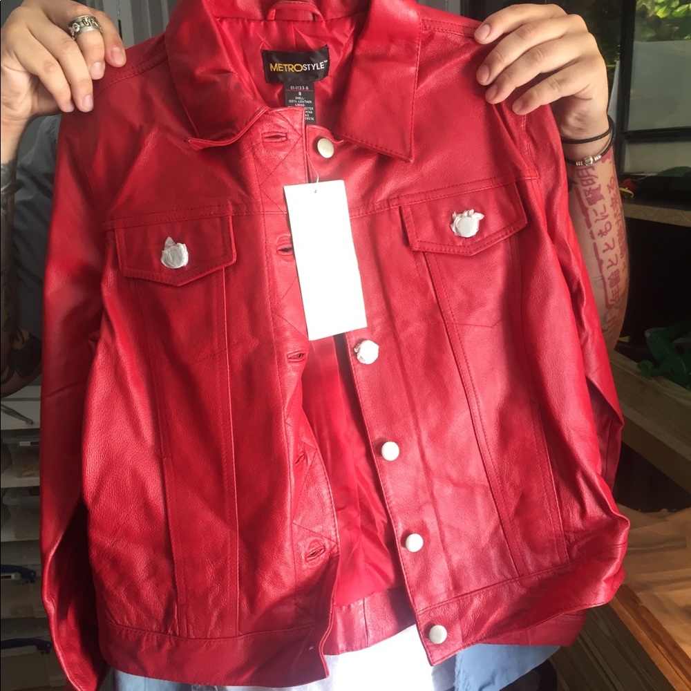 Matching vintage red leather jacket and pants